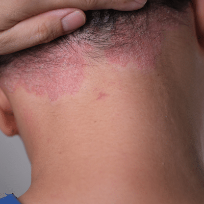 How to manage psoriasis 2 Red, irritated skin on neck, representing how to manage psoriasis